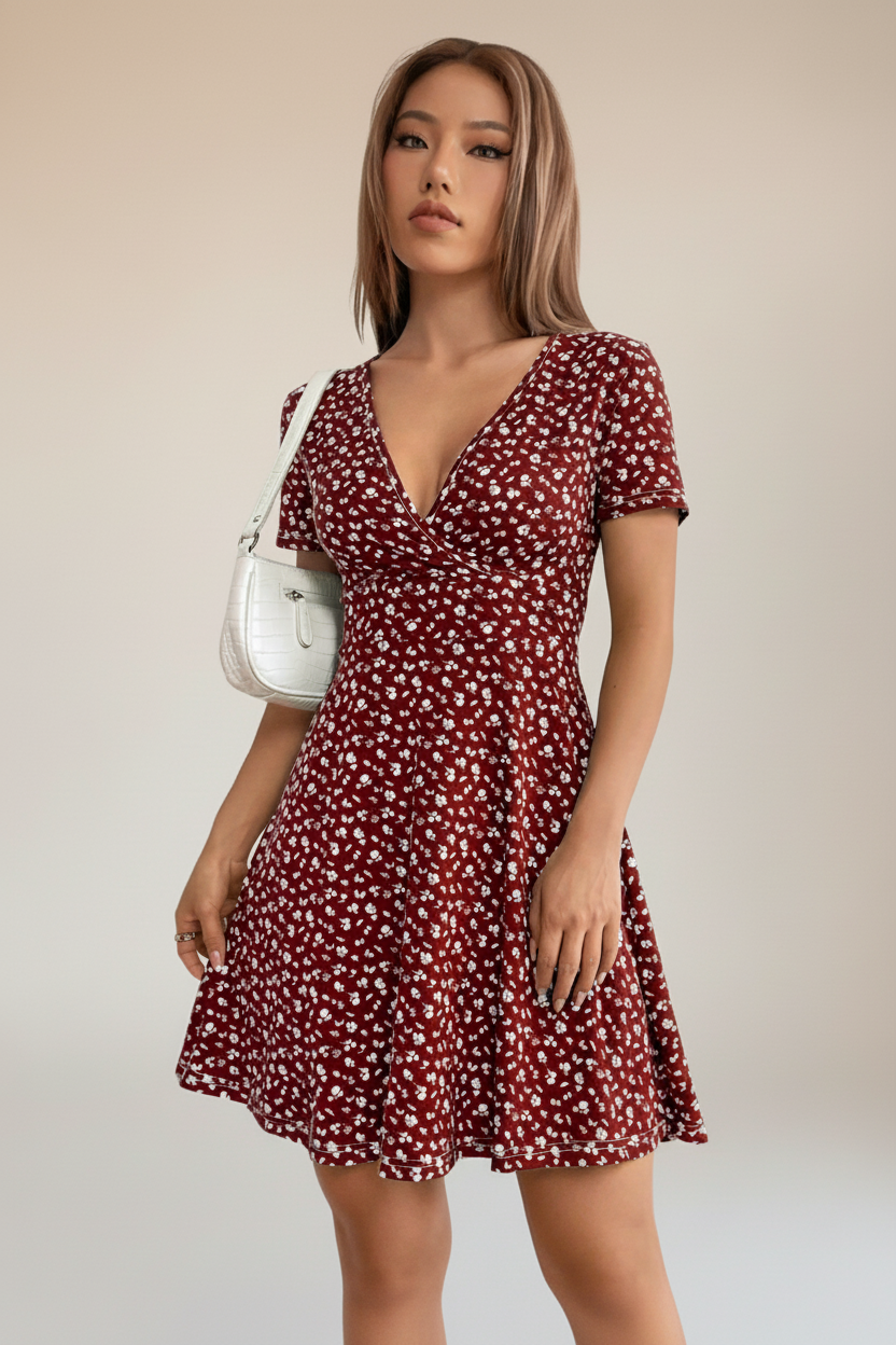 Vestido corto cruzado evasé con microflores – Danza Menuda