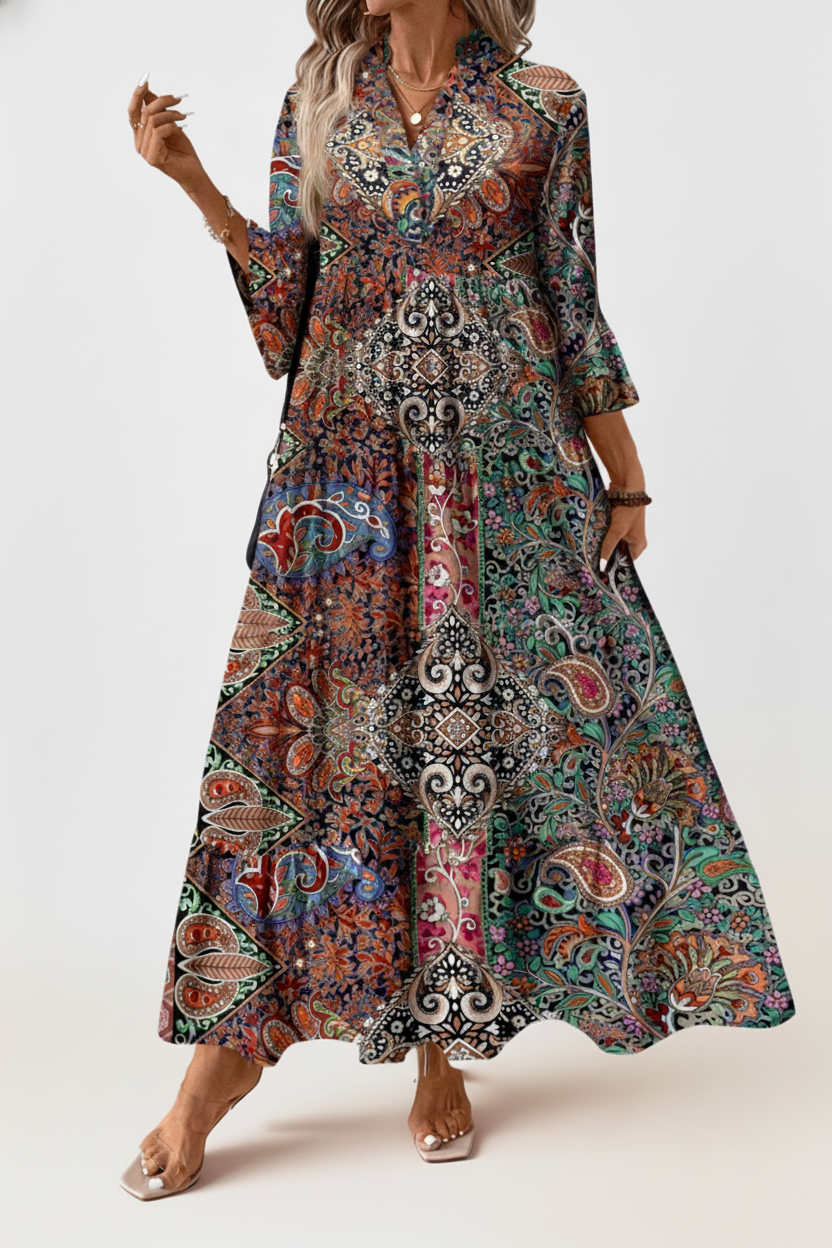 Vestido largo boho con mangas 3/4 y estampa paisley – Sueño de Marrakech