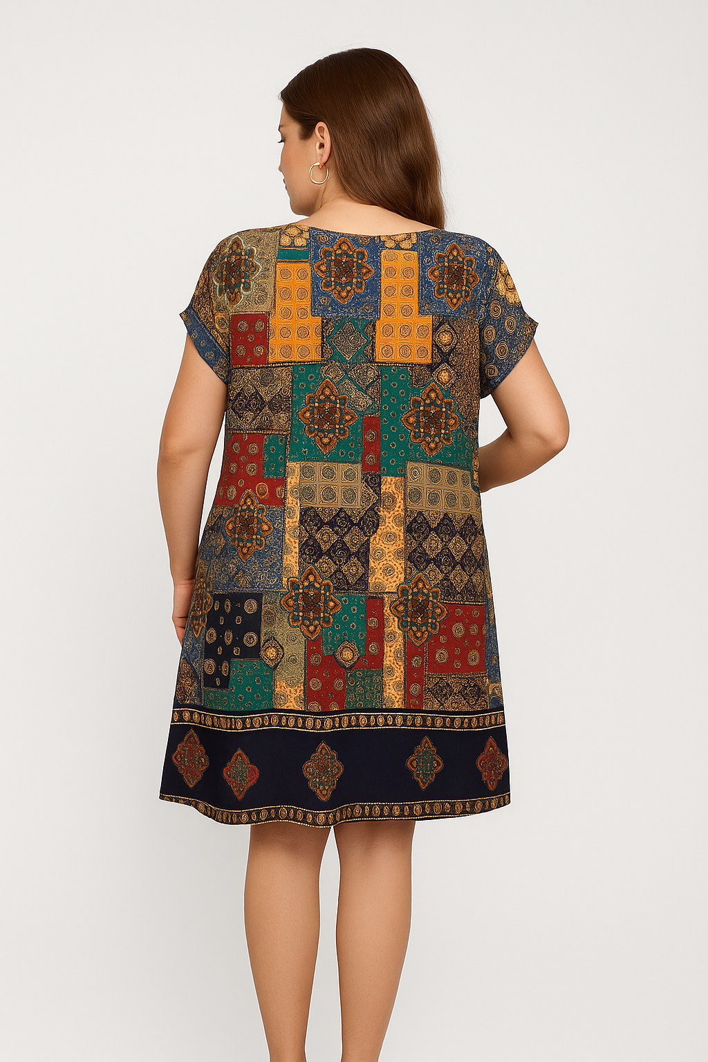 Vestido túnica corto patchwork con ruedo de guarda – Feria Andina