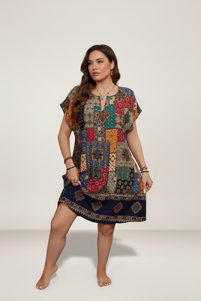 Vestido túnica corto patchwork con ruedo de guarda – Feria Andina