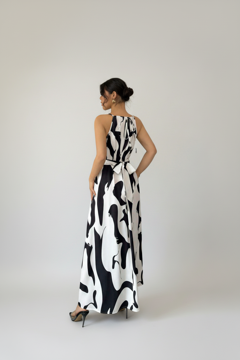 Vestido largo halter estampado con lazo en la cintura – Ritmo de Ciudad