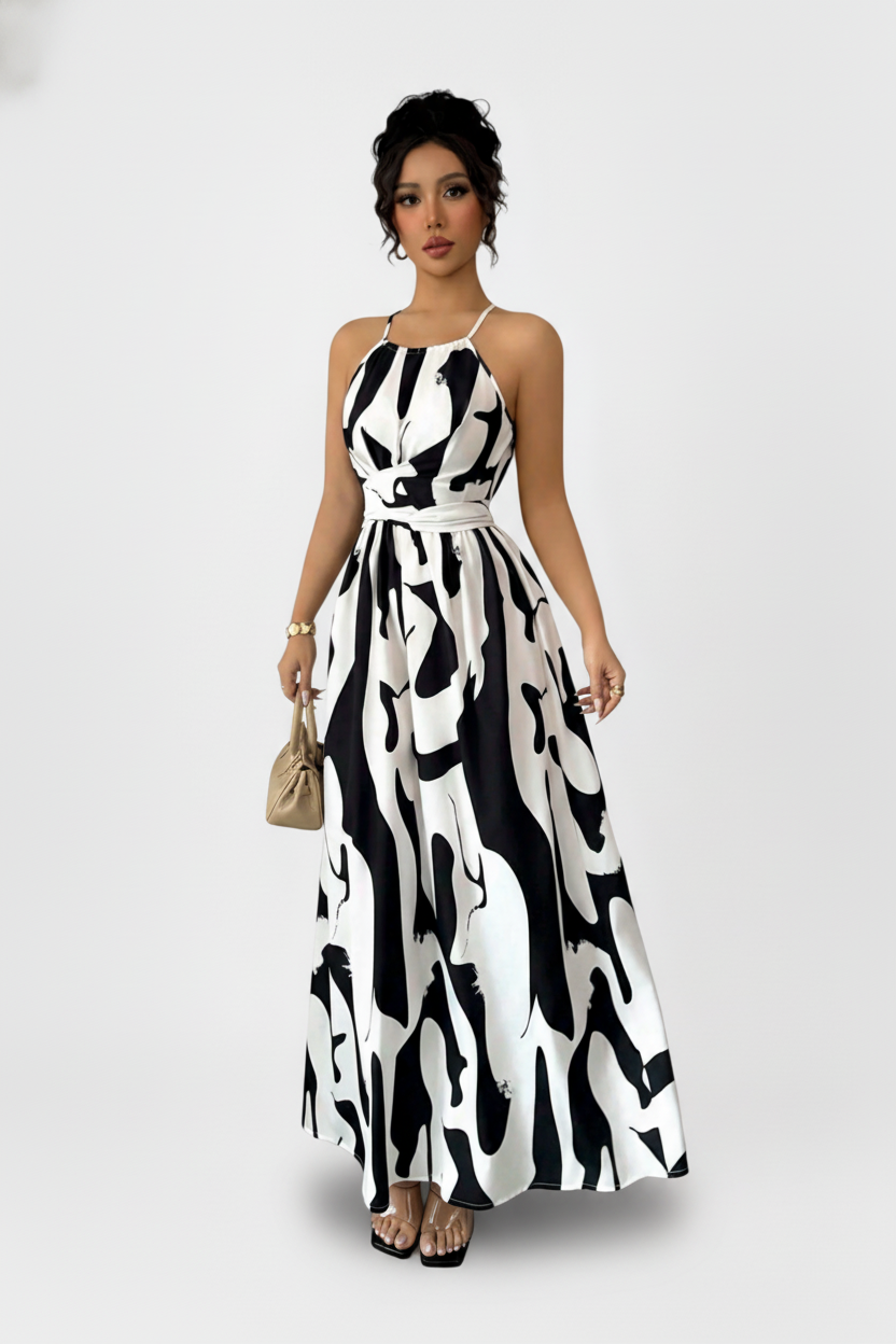 Vestido largo halter estampado con lazo en la cintura – Ritmo de Ciudad