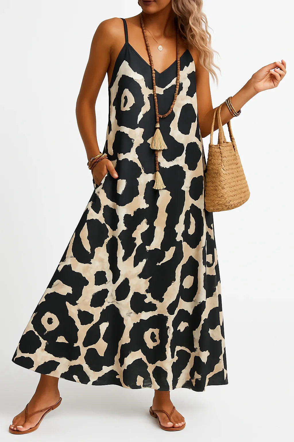 Vestido maxi animal print negro