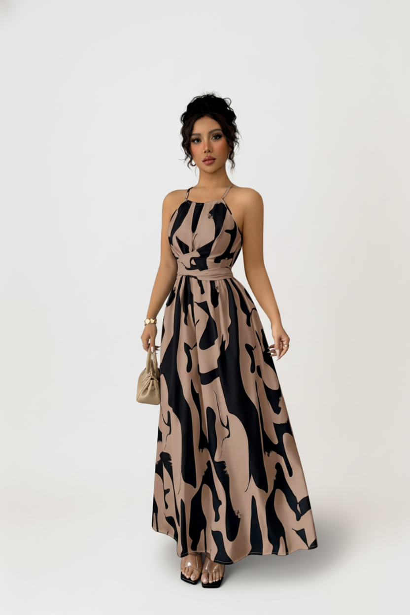 Vestido largo halter estampado con lazo en la cintura – Ritmo de Ciudad