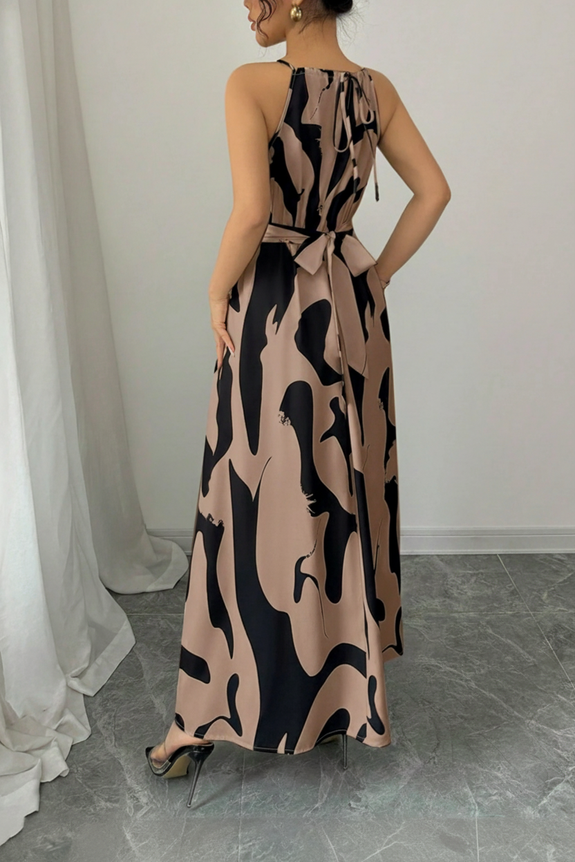 Vestido largo halter estampado con lazo en la cintura – Ritmo de Ciudad