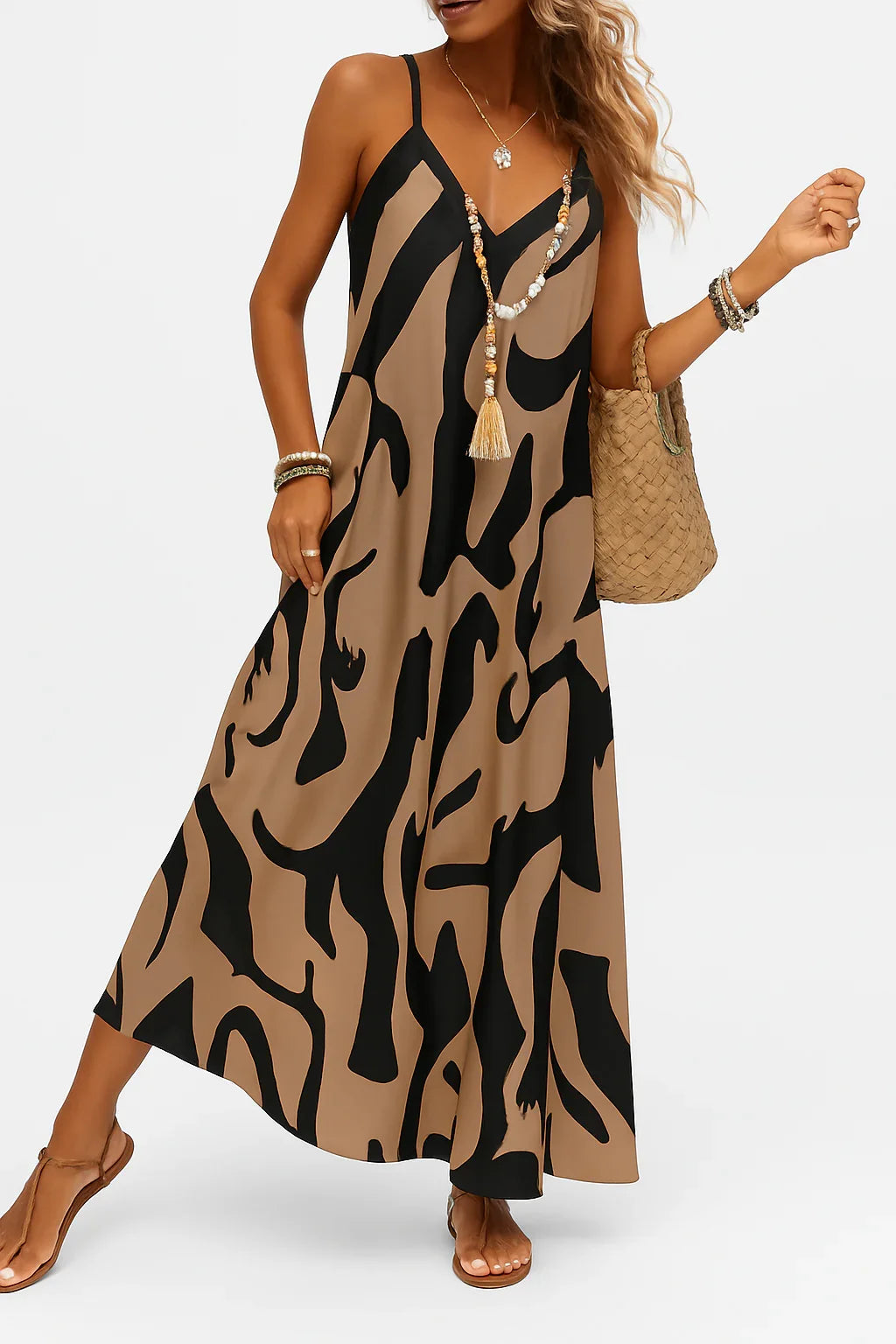 Vestido largo con breteles finos y estampado orgánico – Ruta Salvaje