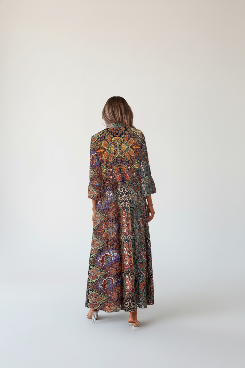 Vestido largo boho con mangas 3/4 y estampa paisley – Sueño de Marrakech