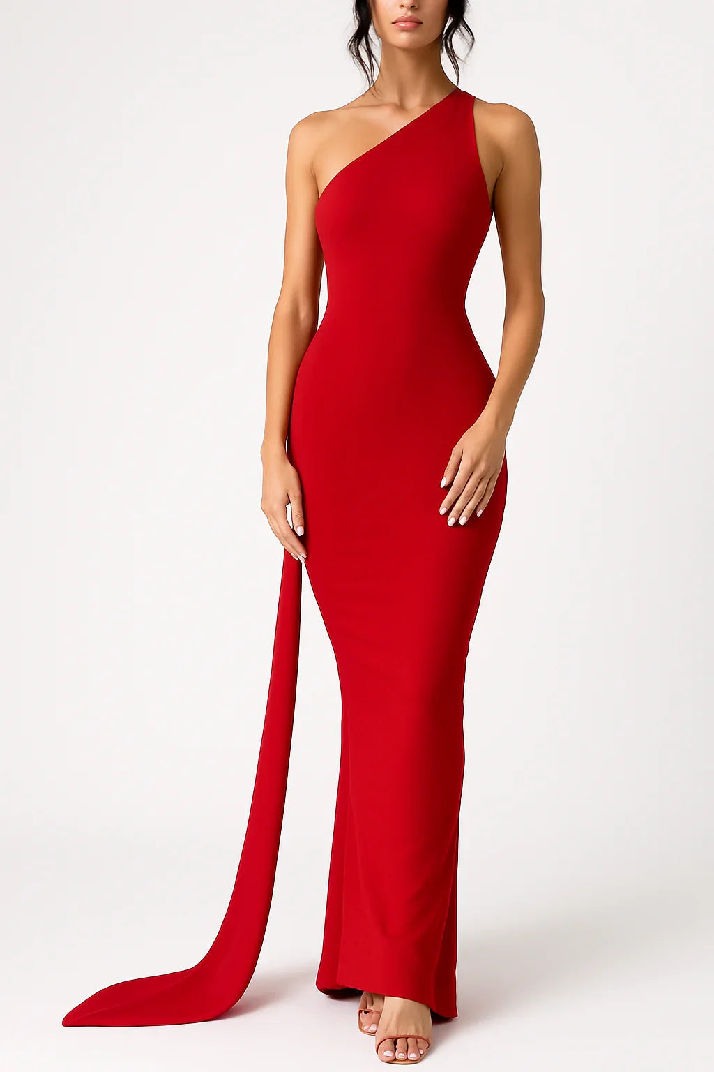 Vestido largo asimétrico con cola lateral – Medianoche Porteña