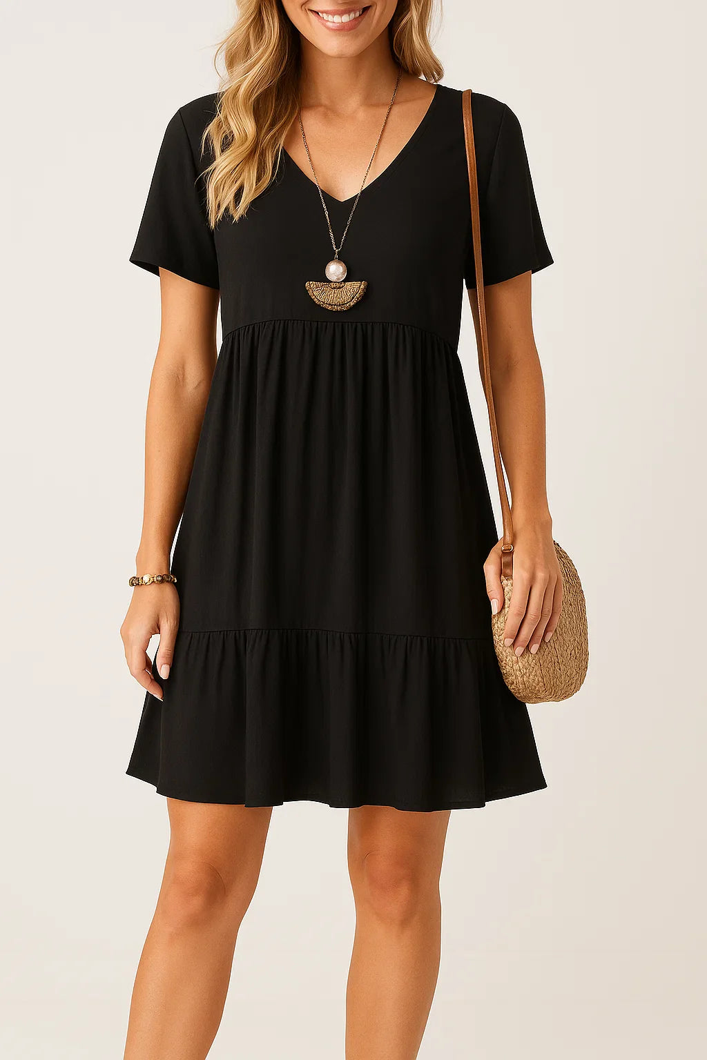 Vestido corto evasé con volados y textura arrugada – Siesta de Campo