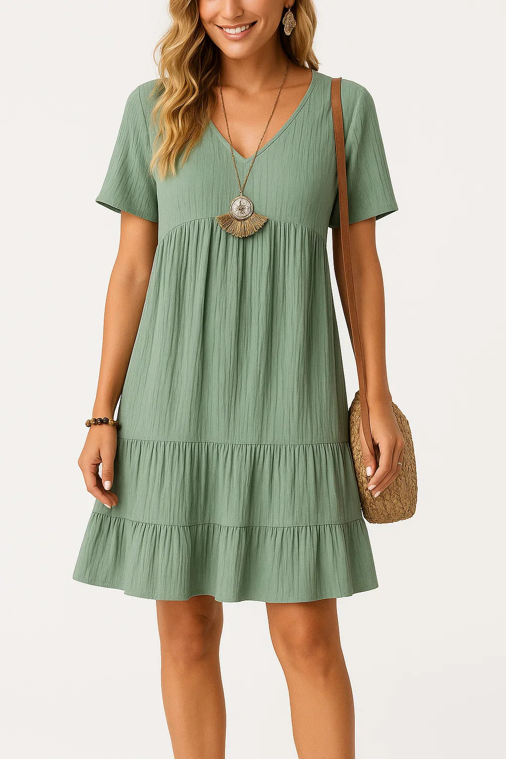 Vestido corto evasé con volados y textura arrugada – Siesta de Campo